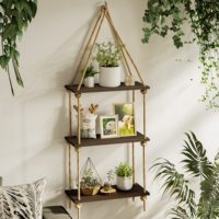 Hanging Shelves, Black Wall Shelves with Woven Hanger, Boho Shelves Wall Decor for Bedroom, Living Room, Macrame Wood Floating S