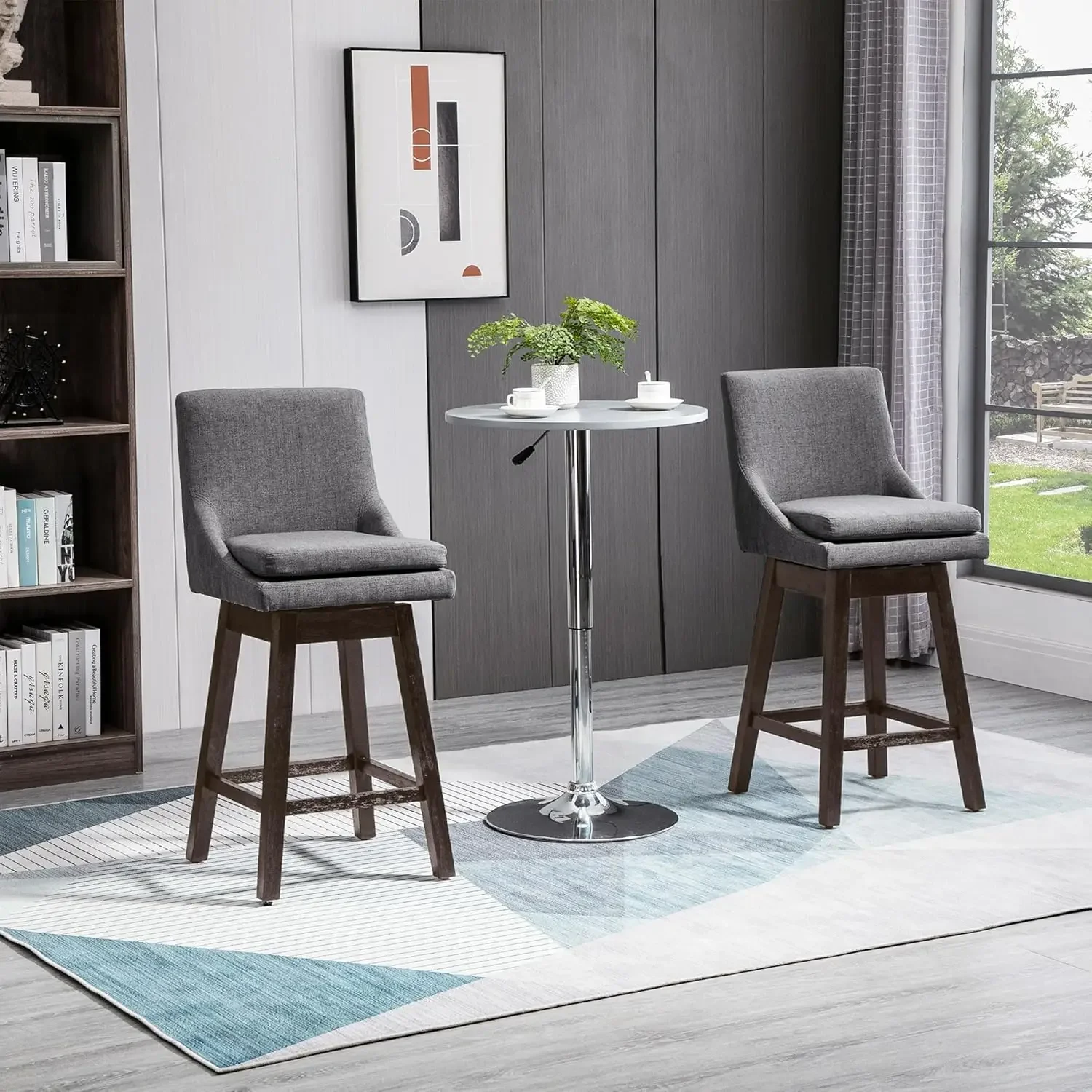 Bar Altura Bar Stools Set, sem braços estofados, cadeiras giratórias Barstools, estofamento macio, almofada e pernas de madeira, cinza escuro, conjunto de 2