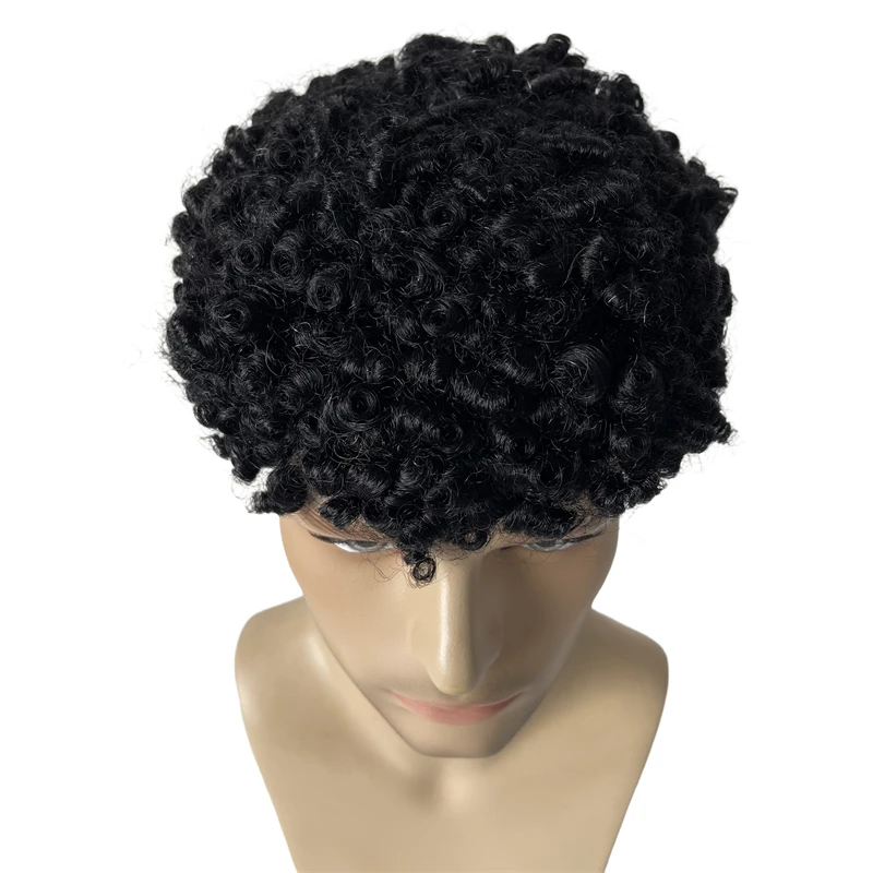 Mongolian Virgin Human Hair Hairpieces #1 Jet Black 15mm Afro Curl Toupee 8x10 Full Lace Unit for Black Men