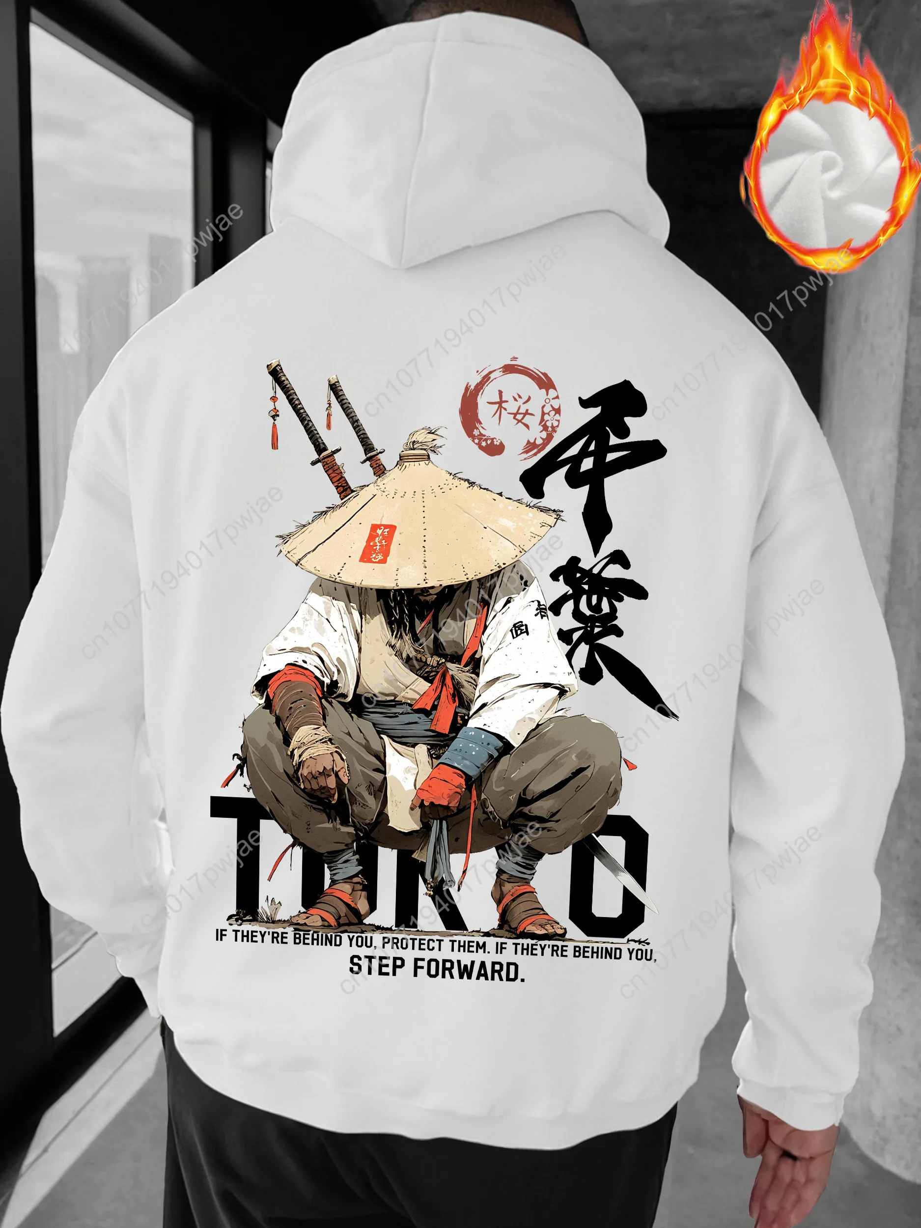 Мужская толстовка с капюшоном японского аниме-самурая — одностороннее струящееся кимоно с принтом самурая-воина с надписью кандзи, Loo