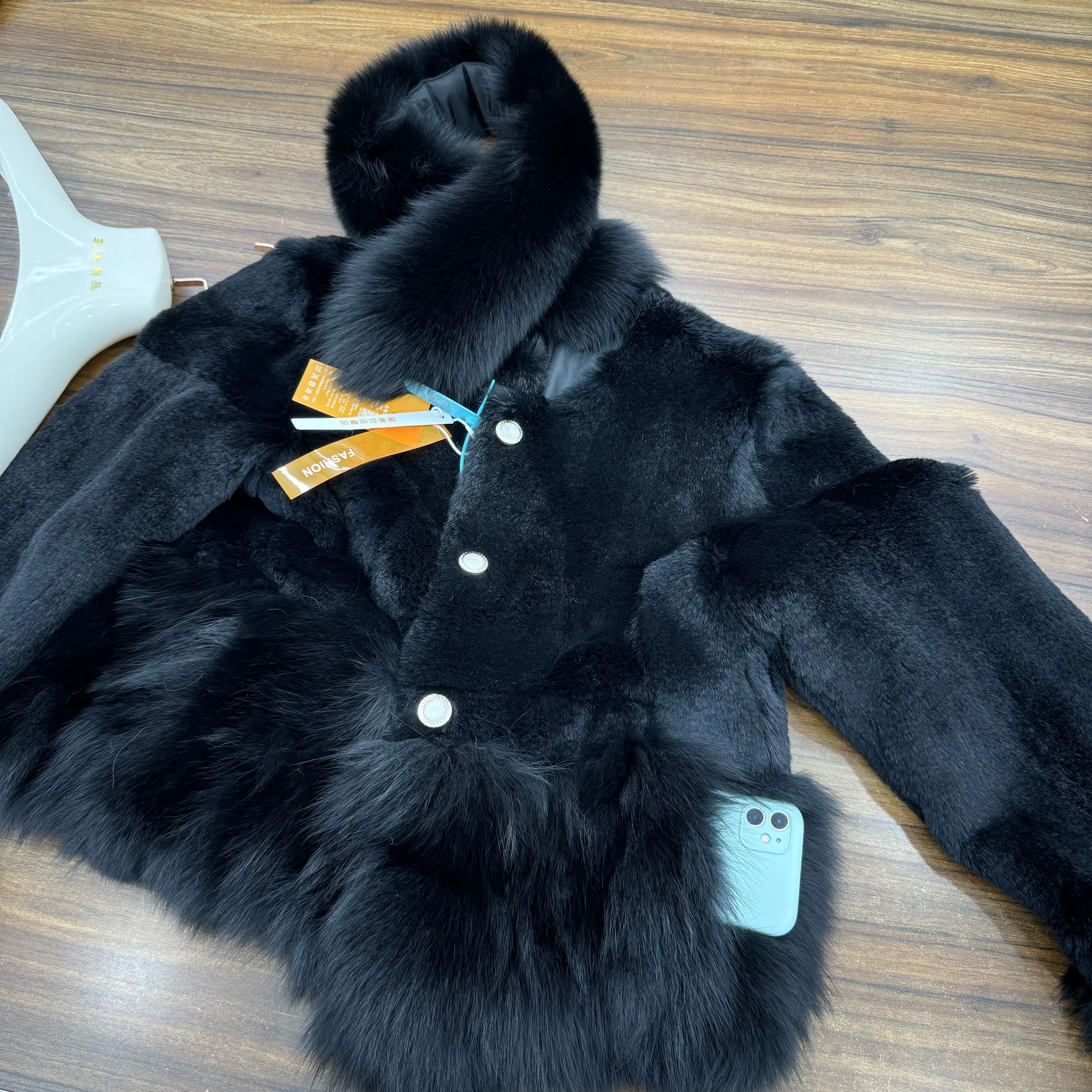 Rex Rabbit Coats with Fox Fur Collar Long Sleeve Round Neck Single Breasted Short Jacket Black 2024 Winter New Fashion