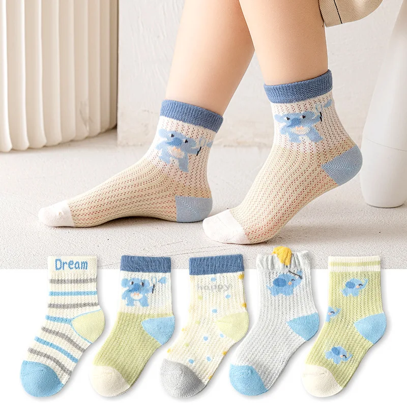 A-Class Pure Cotton Kids Socks Spring Summer Thin Full Mesh Breathable Ankle Socks Toddler Socks for Boys Girls 5 Pairs