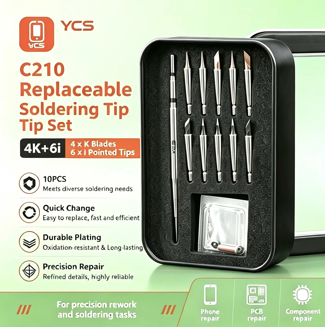 YCS MY Quick-Change Constant-Temperature Soldering Iron Set (C210 Series Tips) – Includes 10 Copper-Tungsten Alloy Tips