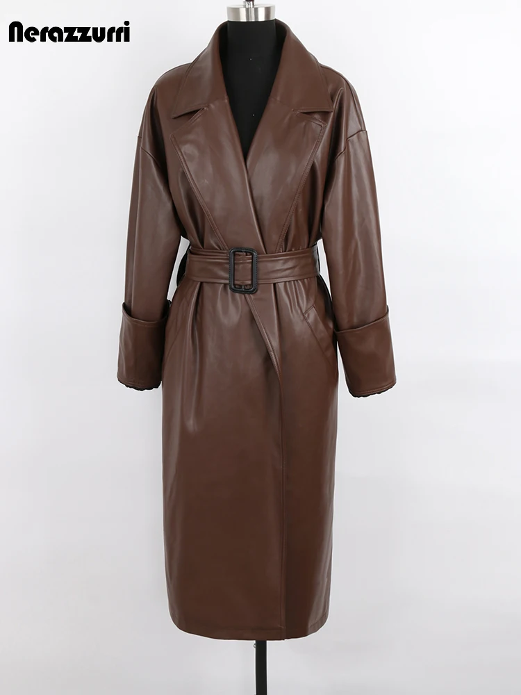 Nerazzurri Spring Autumn Long Oversized White Brown Black Pu Leather Trench Coat for Women Belt Runway European Fashion 2022