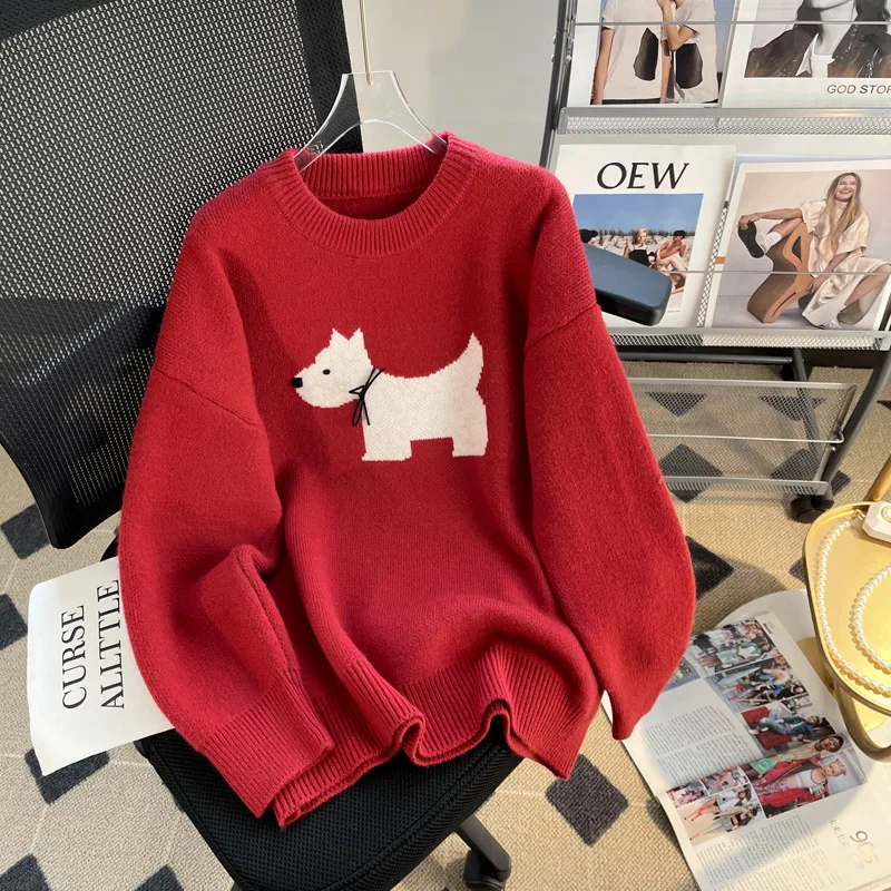 Hsa Cartoon Red Sweater Women's Autumn and Winter 2023 New Sweet and Age Reducing Design Sense Korean Version Thickened Bottom K