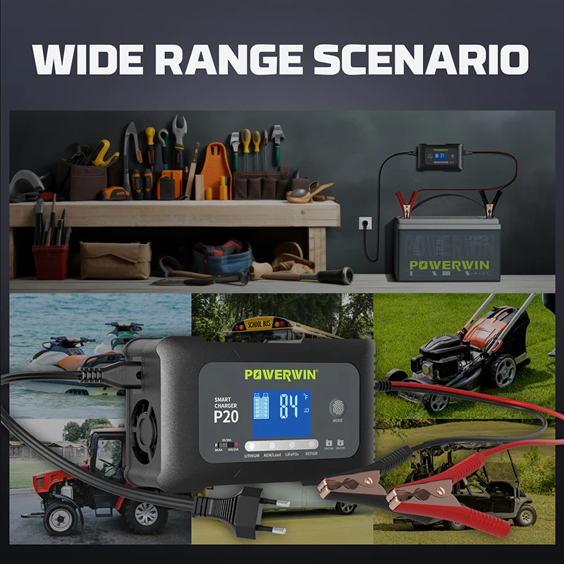 Imagem -06 - Powerwin Bt100 Lifepo4 12v 100ah 1280wh P20 20a 12v20a 24v10a Carregador Inteligente Automático Lcd Agm Chumbo-ácido Lítio Reparo de Pulso