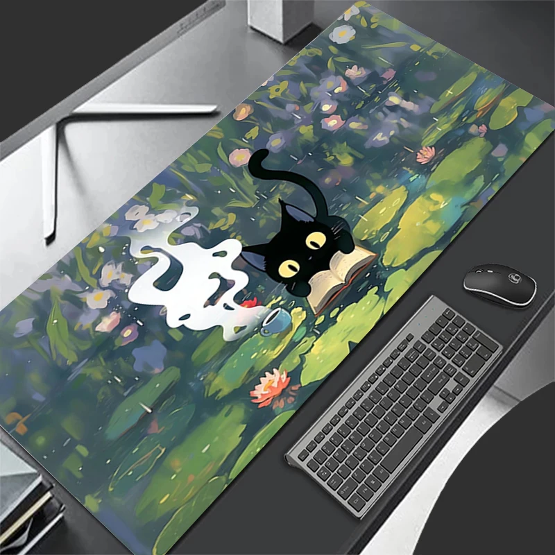 Mouse pad preto gato design antiderrapante tapete de mesa jogos acessórios portáteis bordas costuradas para casa e jogo para gamer mousepad