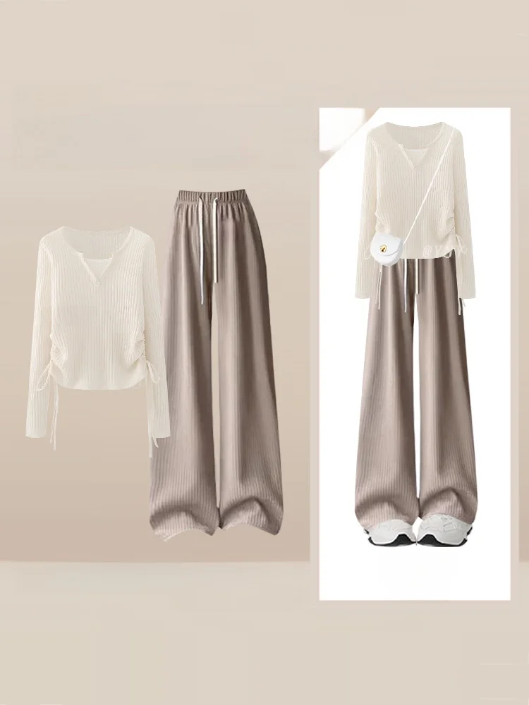 한국 슬레 가을 패션 안티에이징 투피스 세트 여성 캐주얼 니트 탑과 롱 팬츠 V넥 롱 슬리브 앙상블