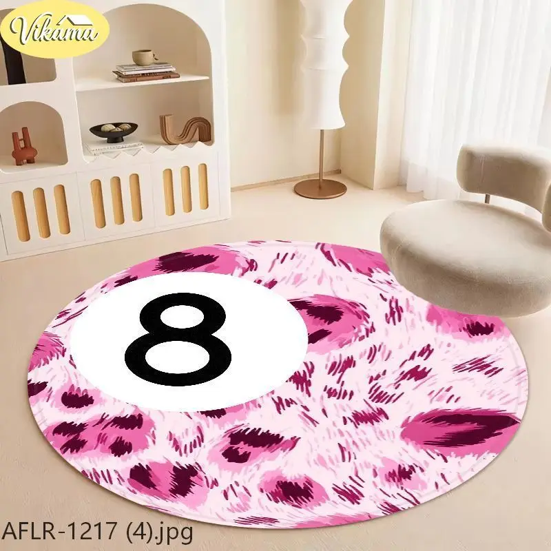 VIKAMA Round Rug Leopard Print Billiard 8 Ball Purple Design Flannel Carpet Non Slip For Living Room Bedroom Home Decor