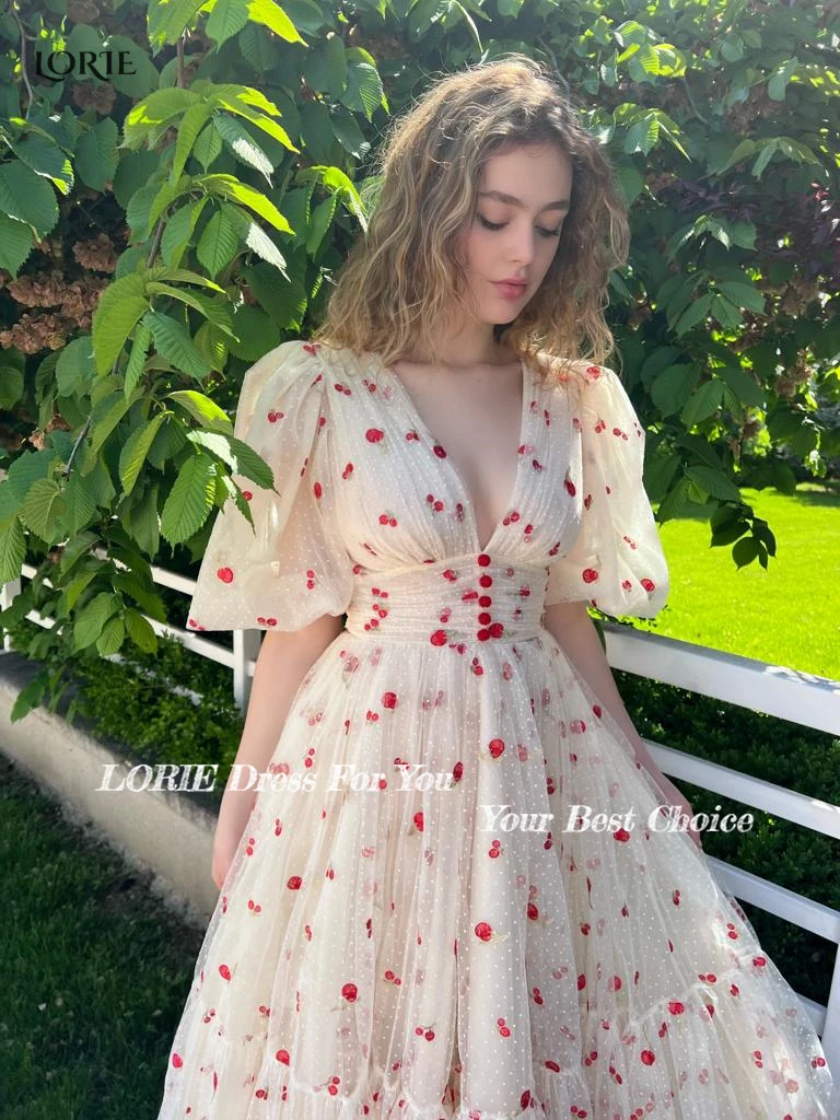 LORIE Red Dot Princess Prom Gowns A-Line Tulle Dubai Formal Evening Dresses Puff Sleeves Backless Ankle Length Celebrity Dress