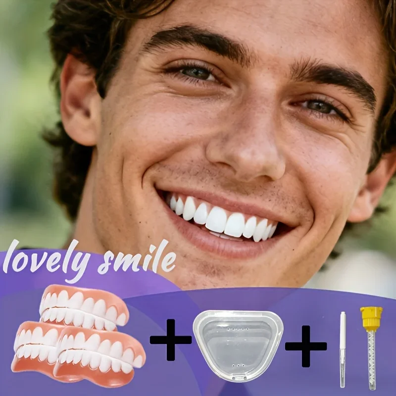 

Временный косметический набор зубных протезов (3 верхних + 3 нижних + коробка + щетка + аппликатор), натуральные унисекс-накладки для замещения зубных промежутков, идеальный подарок к празднику