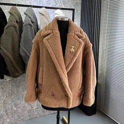 High Quality Teddy Bear Short Wool Coat Thick Natural Fur Loose Real Leather Belt Airplane Collar Warm Woolen Jacket Fit Winter