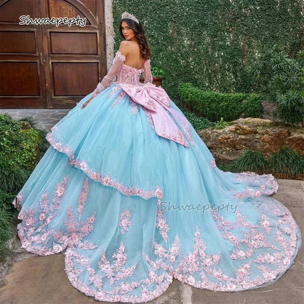فستان Quinceanera أزرق سماوي فاتح فاخر وردي دانتيل ثلاثي الأبعاد زهور متدرجة فستاين سهرة/فساتين الحفلات الحلو 16 فستان بفيونكة خلفية مخصصة