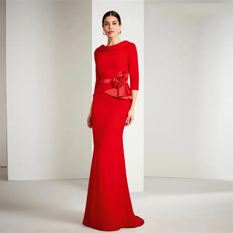 

Elegant Red Mother of the Bride Dresses O Neck 3/4 Sleeves Mermaid Wedding Party Gowns Flowers Floor-Length 2024 فساتين السهرة