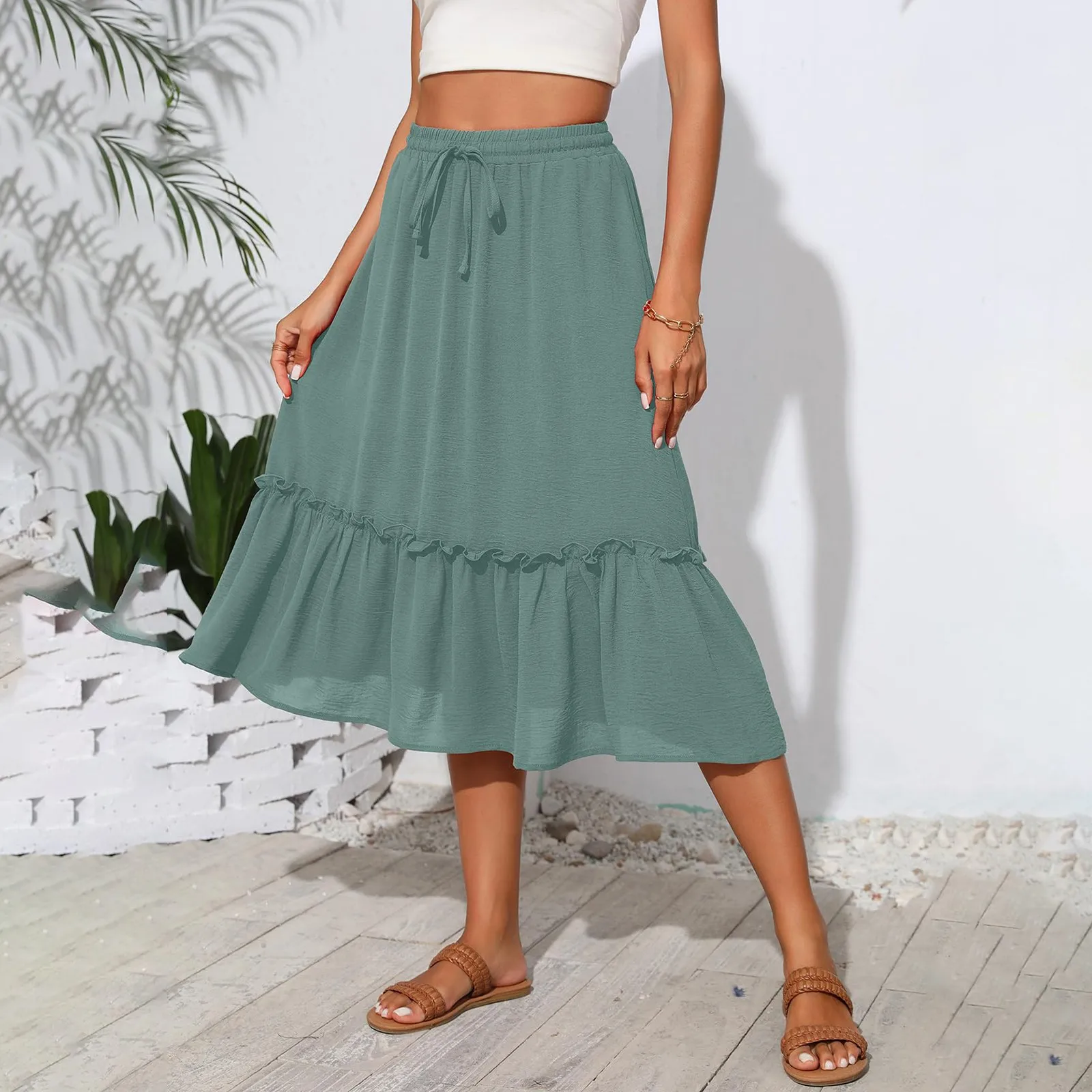 2024 Summer New Midi Skirt Women Fashion High Waist Patchwork A-line Skirts Woman Solid Color Trendy All-match Midi Skirt