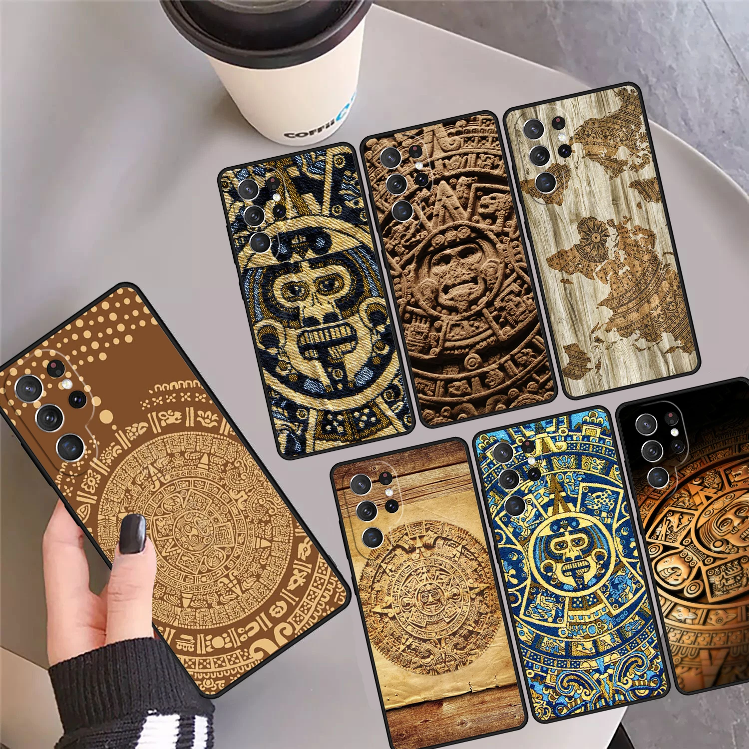 Mayan Calendar Wood Pattern Phone Case Cover For Samsung Galaxy S24 Ultra 23 S22 Plus S21 FE S20 S8 S9 S10 Note 10 Pro Note 20