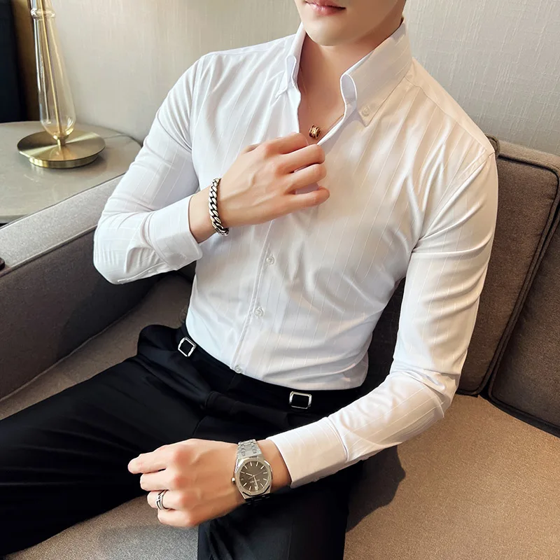 2023 Summer Men Fashion Business Shirt British Gentleman Korean Slim Fit Solid Color Male Half Sleeve Shirt Solid Casual Blouses