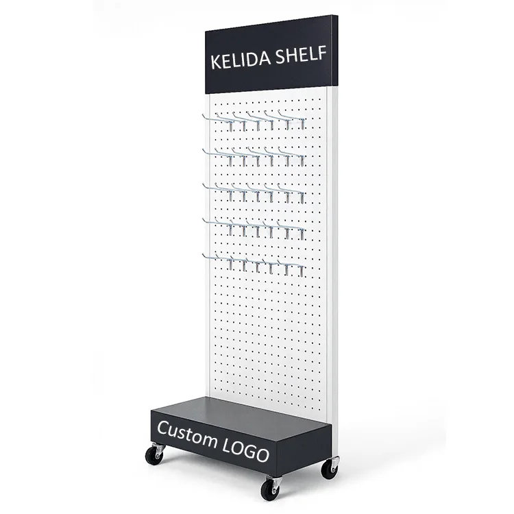 Custom metal peg board display stand with hooks and wheels for storing tools or accessories