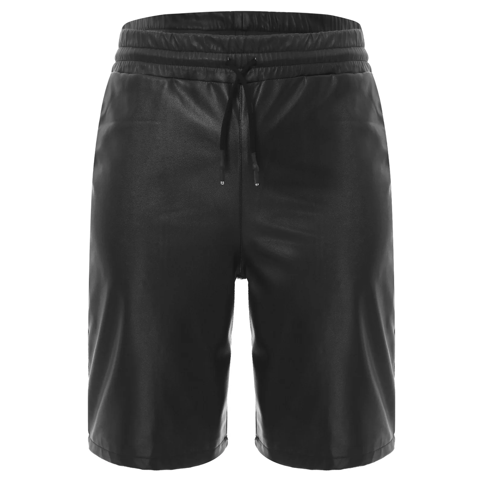 Calças masculinas na altura do joelho clubwear couro do plutônio calções de natação trunck cintura elástica larga cordão perna reta praia shorts