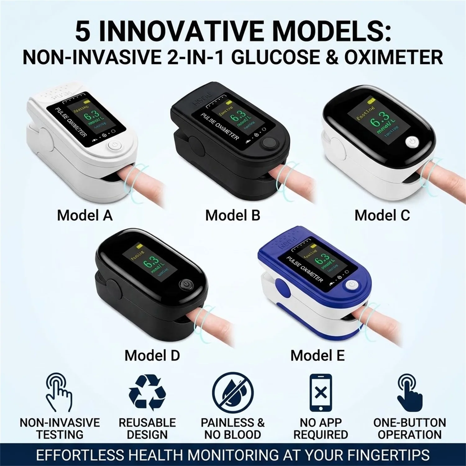 Finger Pulse Oxymeter Digital Oxygen Meter Pulse Oximeter Monitor Finger Blood Glucose Meter 2 In 1 Non‑Invasive Glucometer