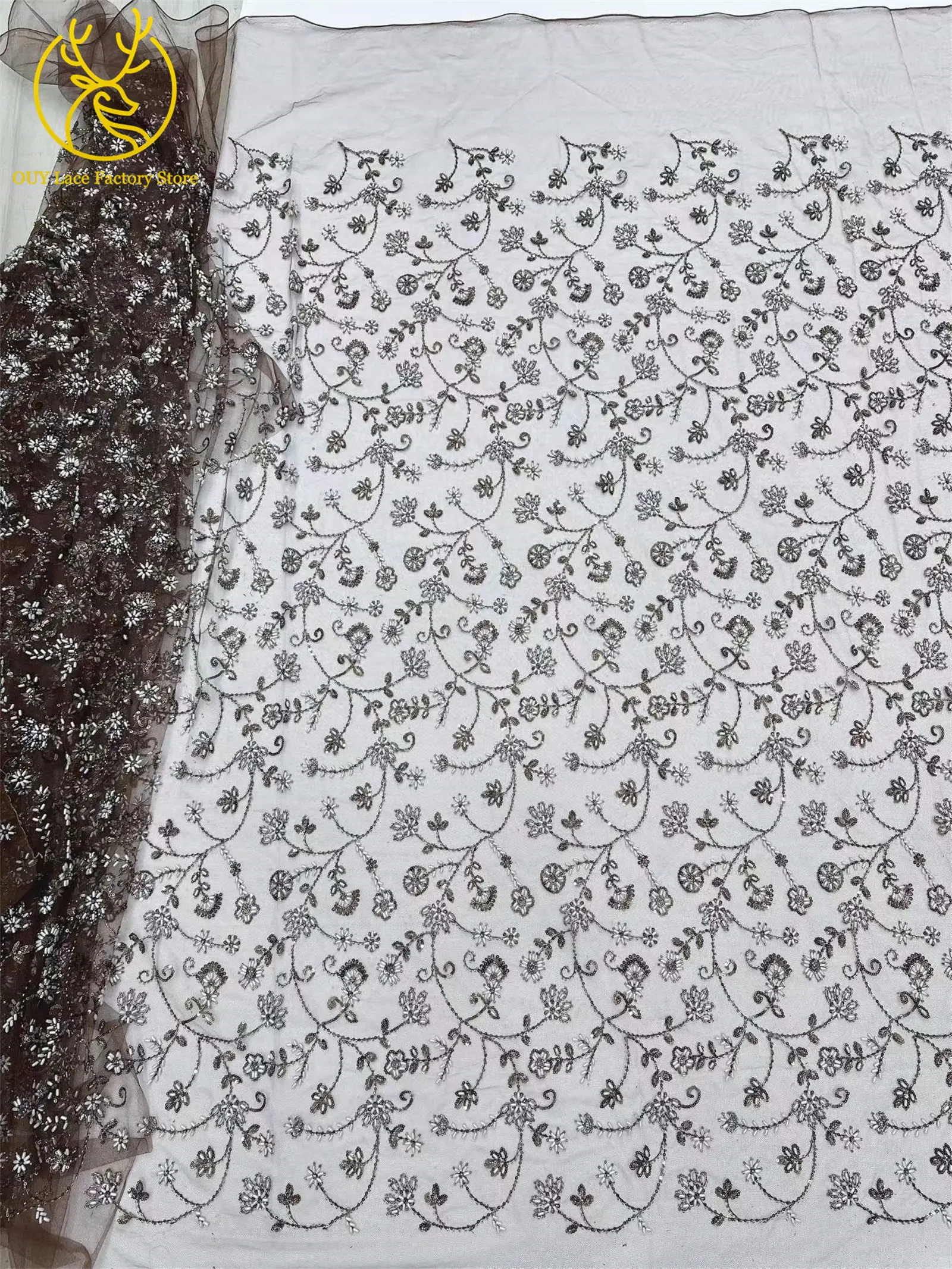 Königsblauer luxuriöser handgefertigter Perlen-Spitzenstoff, 5 Yards, hochwertiger französischer Tüll-Pailletten-Spitzenstoff für Party- und Hochzeitskleider – Detail 14