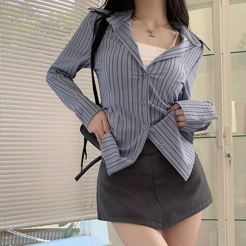 Y2k Striped Shirt Women Long Sleeve Designed Button Up Tops Blue Korean Vintage Ladies Streetwear Slim Elegant Chic Blouses