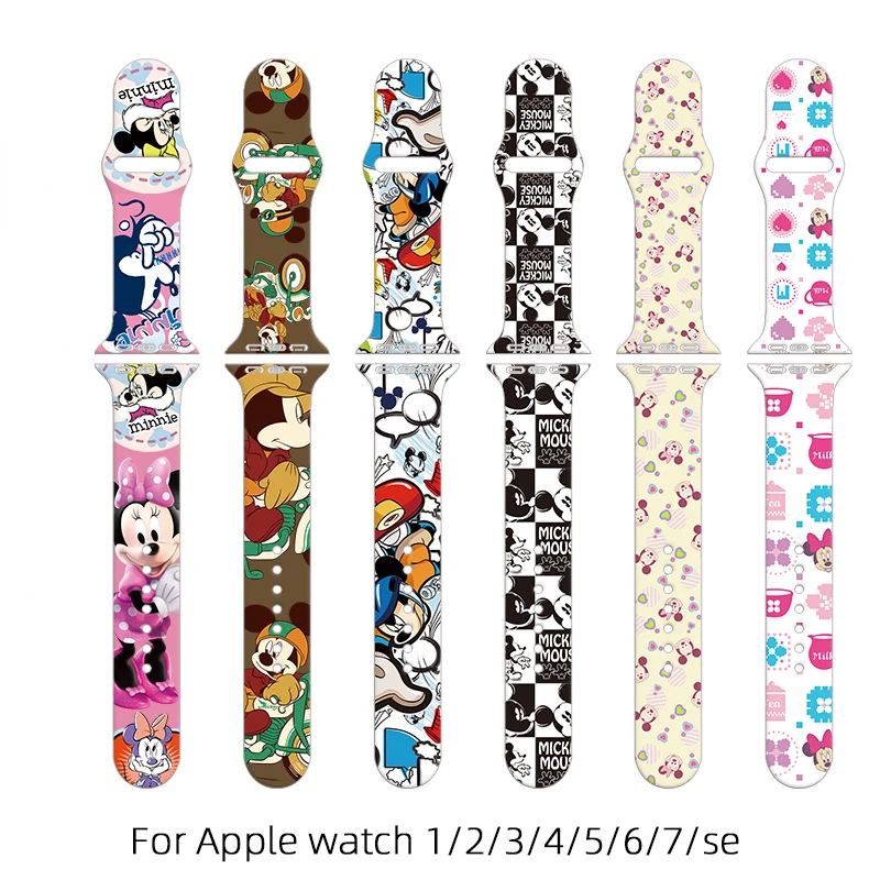 New Luxury Mickey Silicone Watch Band for IWatch SE 7 6 5 4 3 2 1 Bracelet Print Strap for Apple Watch Strap 44mm 42mm 40mm 38mm