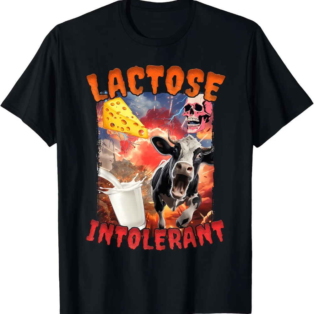 Men'S Lactose Intolerant Graphic T-Shirt Casual Short Sleeve All-Season Knit Fabric Regular Fit Bold Lettering Cow Illustration