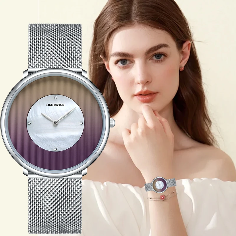 

LIGE Роскошные элегантные кварцевые женские часы с градиентом цвета, классические модные стальные сетчатые часы, водонепроницаемые женские наручные часы, женские подарки