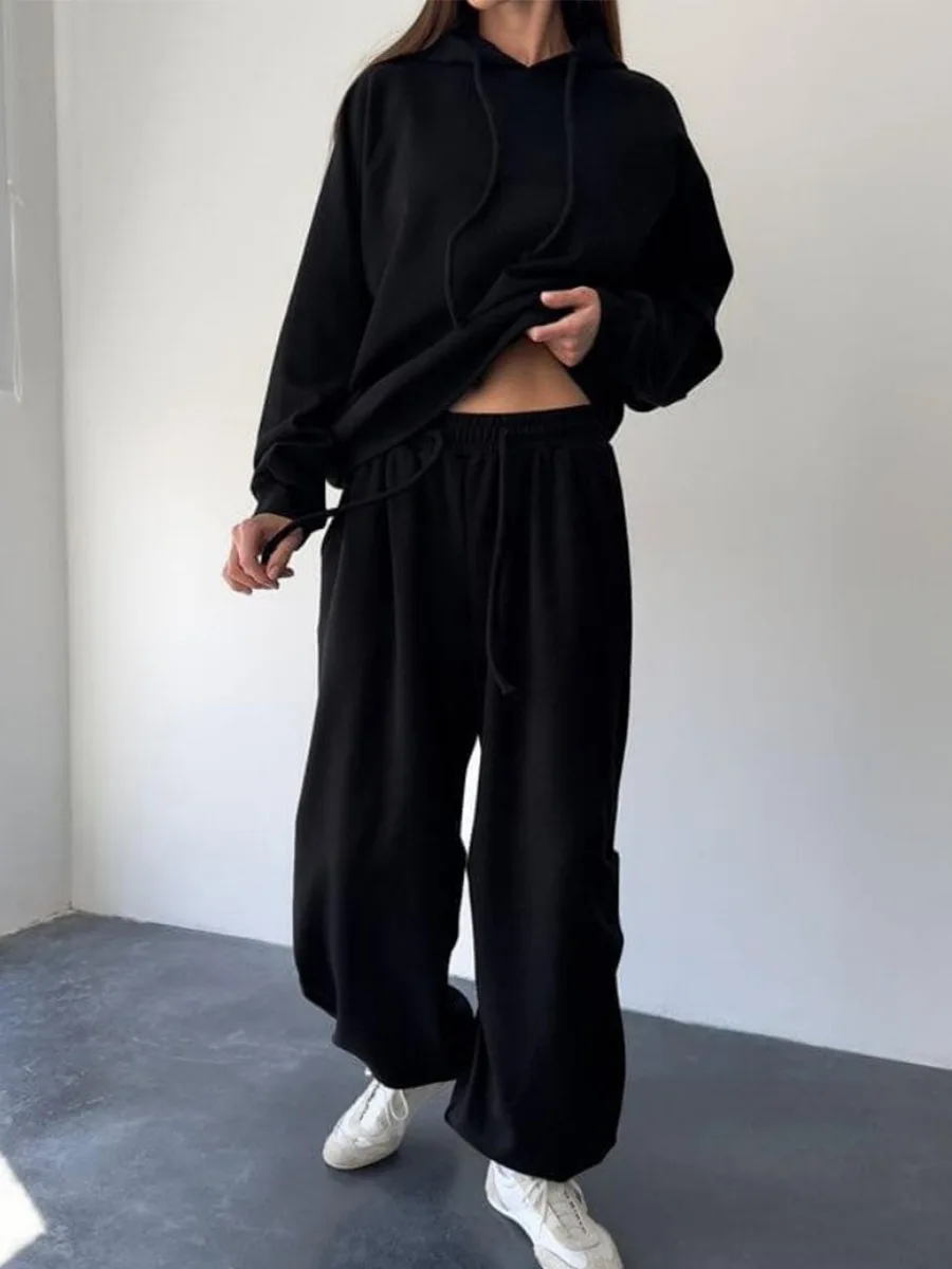 Conjunto de moletom feminino Wolfeel outono inverno macio com capuz solto e ombro caído pulôver relaxado conjunto de calças compridas
