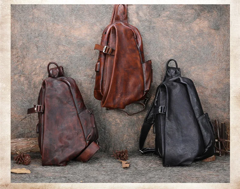 Leather Chest Bag Men\'s Handmade Messenger Shoulder Bag Zipper Business Men Chest Pack Retro Soft Leather First Layer Leather