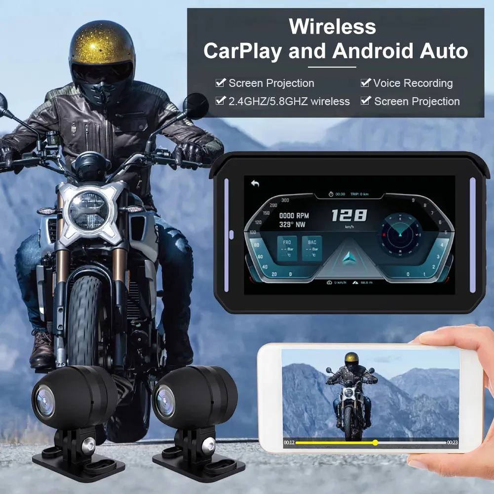 Draadloze CarPlay Android Auto Touchscreen voor Motorfiets GPS Navigatie 5 "Touchscreen Voor Achter Lens 1080P Rijden Recorder