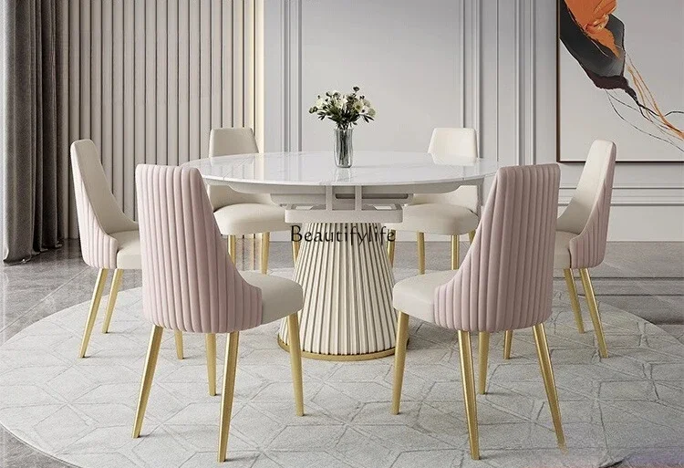 

LXItalian light luxury bright rock slab dining table multi-functional telescopic rotating square becomes round modern simplicity