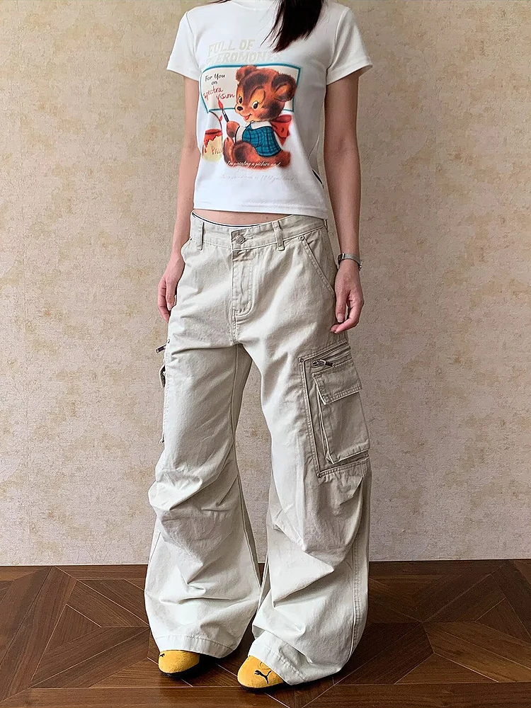 

American Retro Multi-Pocket Workwear Jeans Women Summer New Design Loose Slim Straight Leg Wide Leg Long Pants High Waist