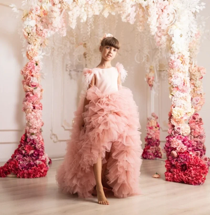 

Fluffy Pink Ruffles Princess Birthday Pageant Dress Long Flower Girl Dresses for Weddings Feather Party Formal Prom Ball Gown
