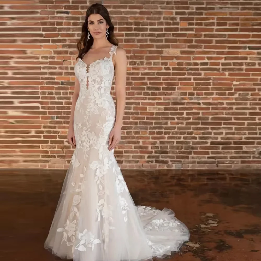 فستان زفاف مخصص بدون أكمام برباط للعروس مع فستان زفاف أنيق وحلو من الدانتيل بحورية البحر