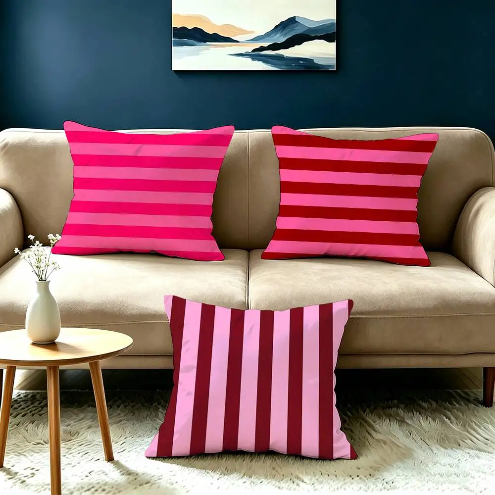 Pink White Stripe pattern Square Double-Sided printed Pillow Case Bedroom Bedside Pillow Sofa Cushion Cover