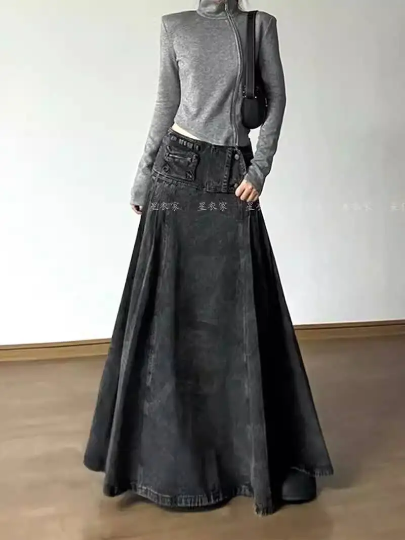 الرجعية الأمريكية حجم كبير غسلها الدنيم العمل تنورة المرأة الخريف الشتاء نمط جديد الألفية الساخن فتاة تنورة طويلة