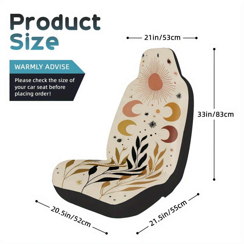 Set Of 2 Universal Car Seat Covers Featuring A Bohemian Design With Sun, Moon, And Botanical Prints, Made From Durable And Washa