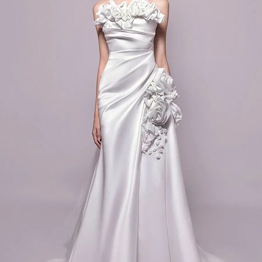 Elegant Strapless Flowers Ruched Sleeveless Mermaid Bride Wedding Dresses Bridal Gowns Customized