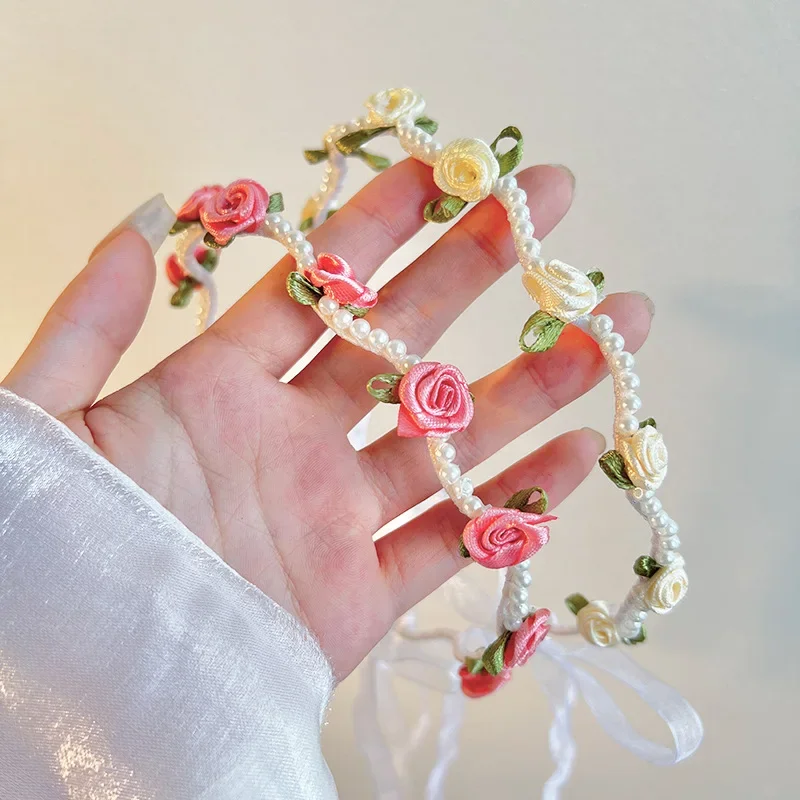 달콤한 꽃 태슬 헤어밴드 헤어 악세사리 한국 스타일 달콤한 진주 장미 헤어 후프 여성 패션 리본 타이 미끄럼 방지 헤어 후프