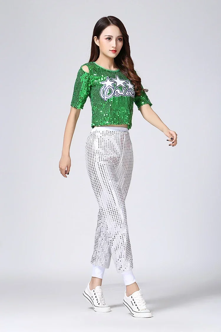 

Fashion Adult Hip Hop Street Dancing Clothes Set High Quality Women Jazz Dance Costume Sequined Top+Pants Stage Dance Wear