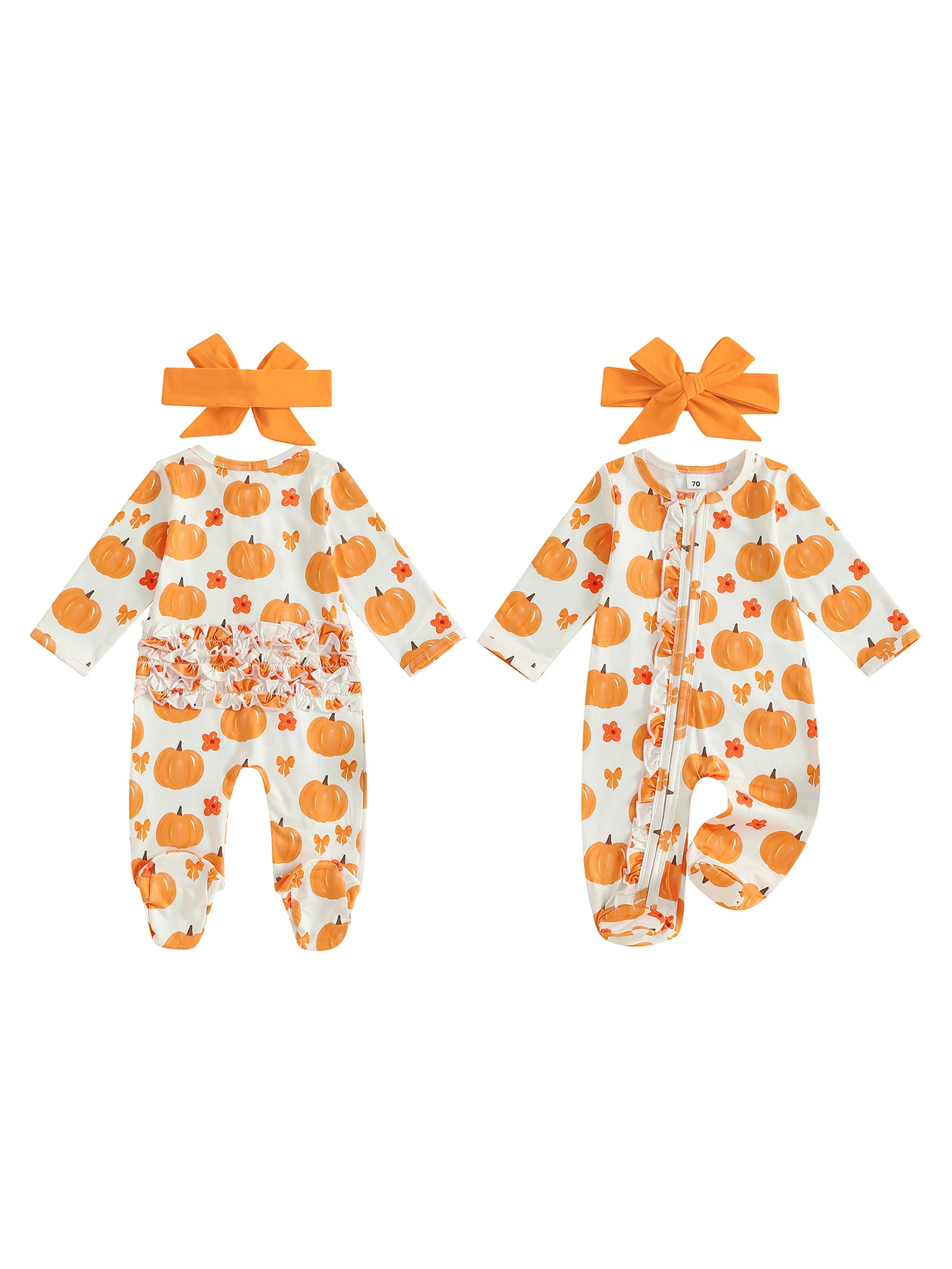 

Adorable Infant Halloween Footed Romper with Long Sleeves Round Neck Pumpkin Print Ruffled Zip Jumpsuit and Matching Bow