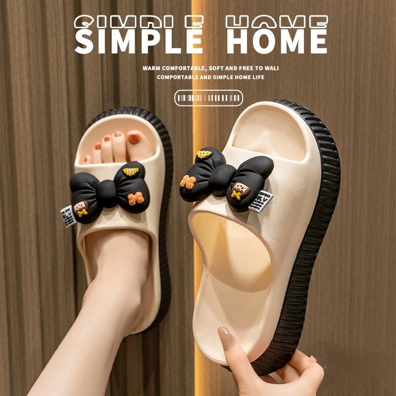 Cool slippers women's summer thick-soled outer wear fashion bow cute cartoon women's high-heeled slippers home cool slippers