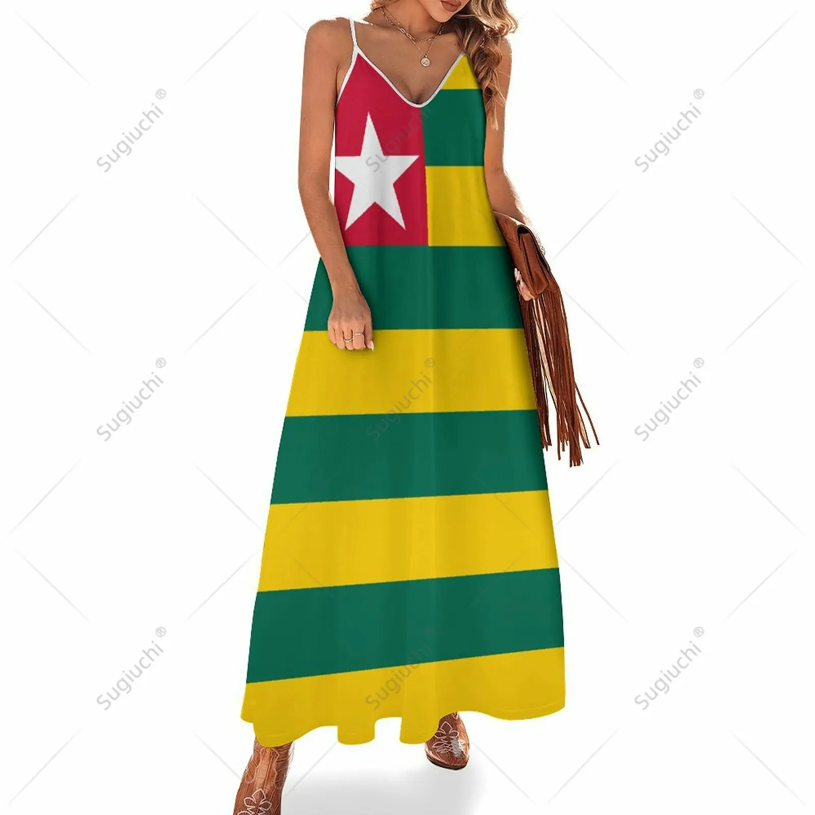 

Long Dresses Dress Togo Flag Print New Casual Sleeveless Women's V-Neck Printed Dress Swing Retro Dresses