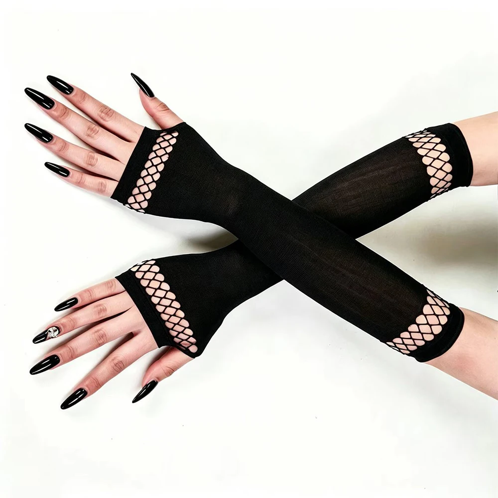 Women Gothic Black Mesh Fingerless Long Gloves Punk Dark Style Hollow Out Gloves for Halloween Costume Cosplay Trendy Accessory