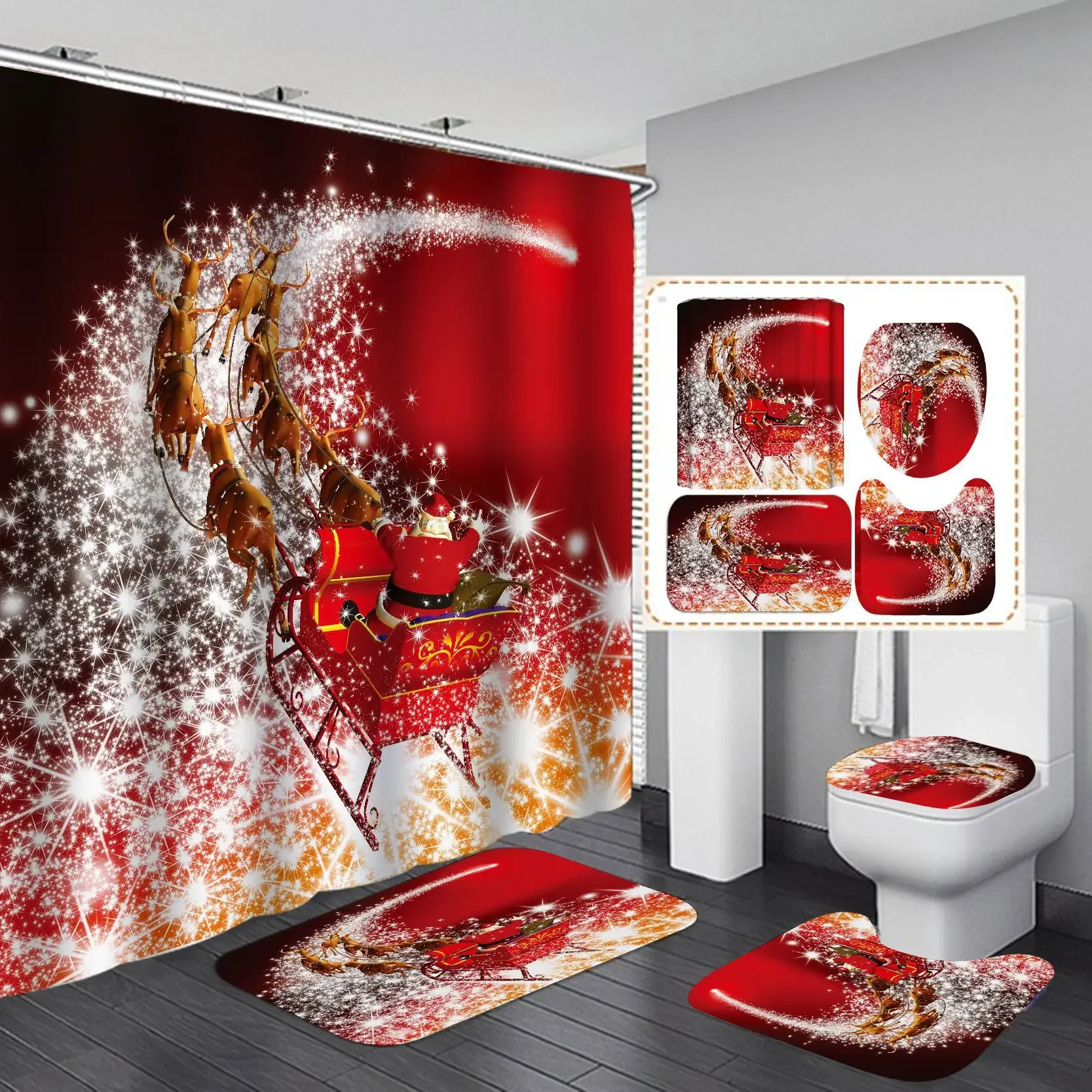 Christmas Shower Curtain Set Santa Xmas Tree Snowman Print Waterproof Bath Curtain 3/4pcs Bathroom Holiday Decor