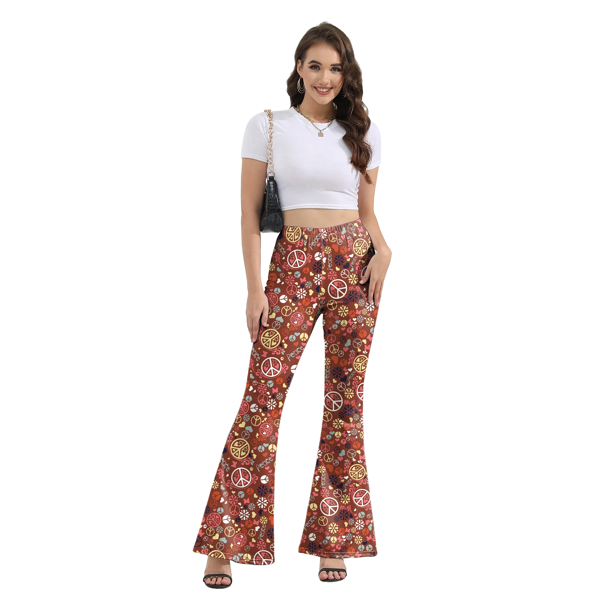 Zawaland Bell Bottoms Women\'s Pants Fashion High Waist Retro Flower Leggings Clothing Disco Hippie Ladies Flared Trousers