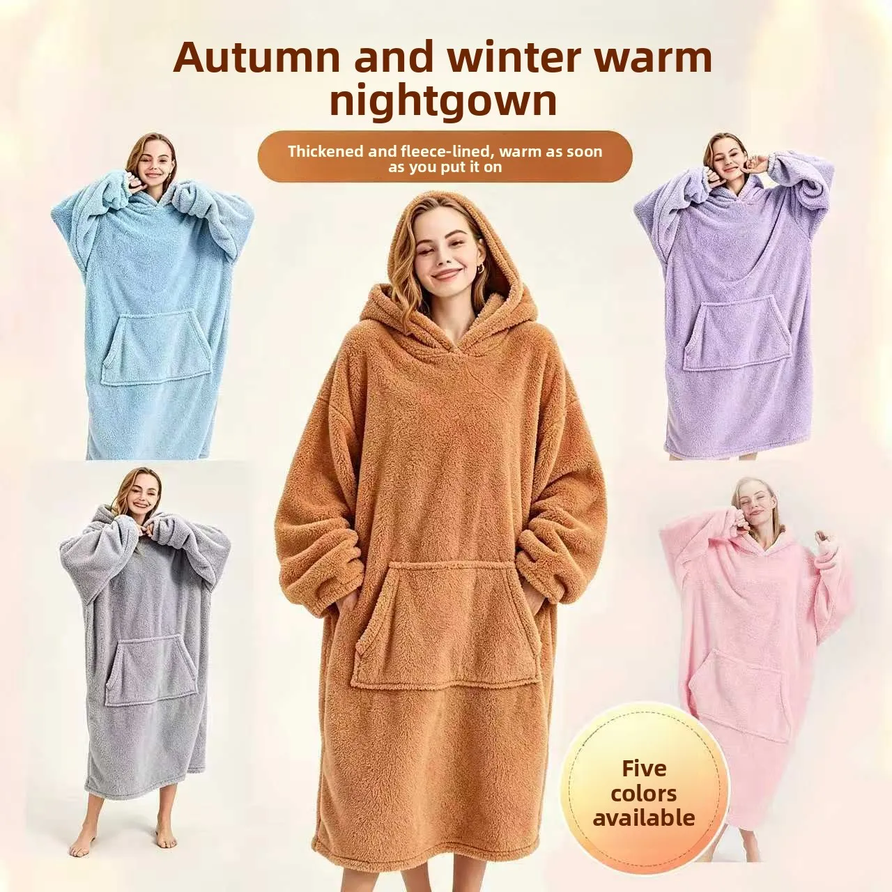 Women Oversized Hooded Wearable Blanket Robe Winter Thick Fleece Long Loose Pullover Sleep Robe Warm Home Outdoor Loungewear
