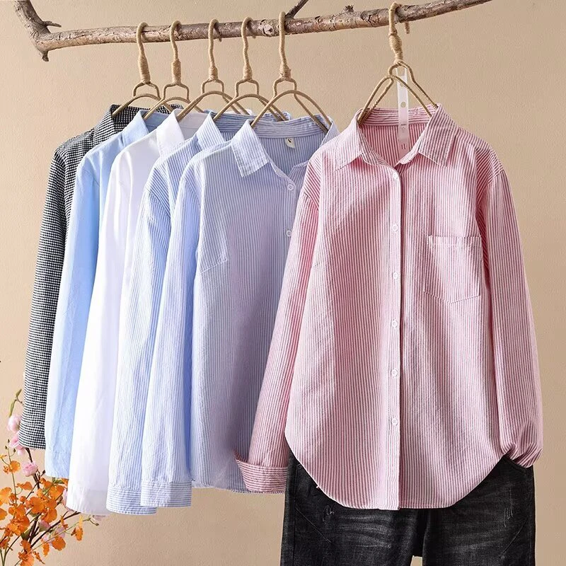 

[Ready Stock] High Quality Women 100% Cotton Blouse Shirt Striped Long Sleeve Shirt Double Layer Cotton Yarn Shirt VersatileTop